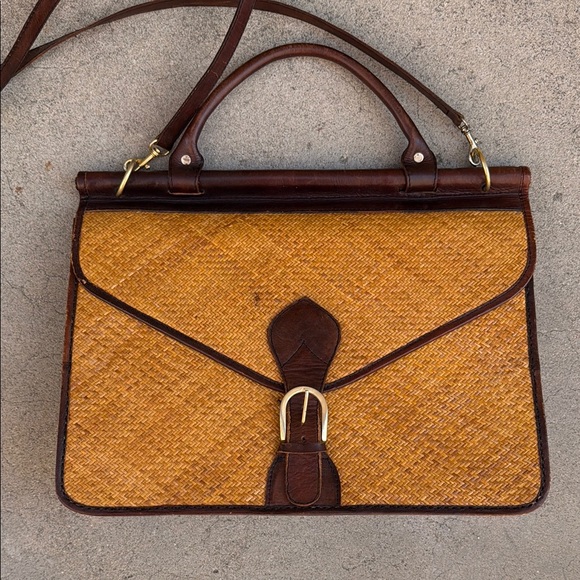 Vintage Brown Leather + Rattan Briefcase - Picture 2 of 12